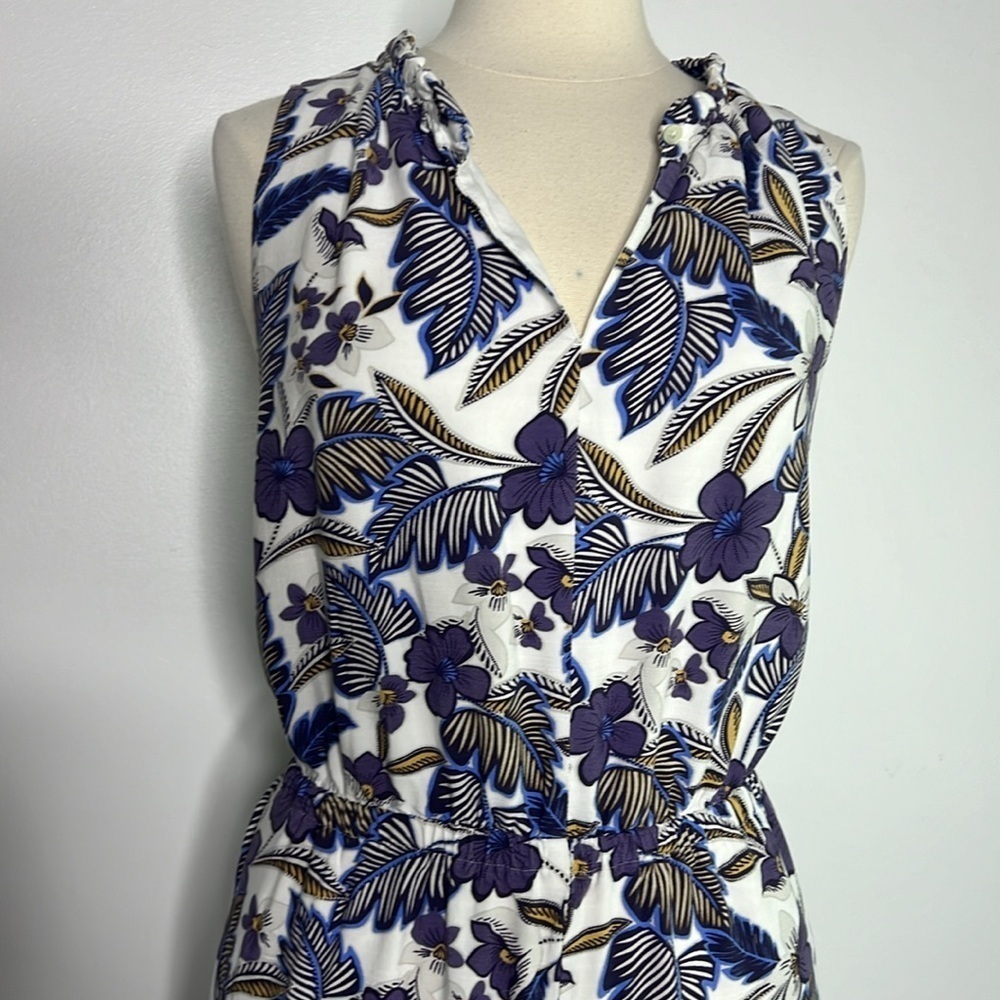 LOFT Purple linen tropical floral print Ruffle Neck Jumpsuit Wide Leg large - Picture 4 of 11